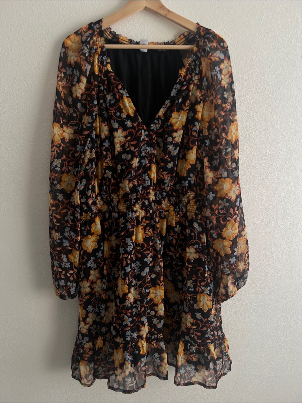 Old Navy Black Floral Long Sleeve Smocked Waist Dress